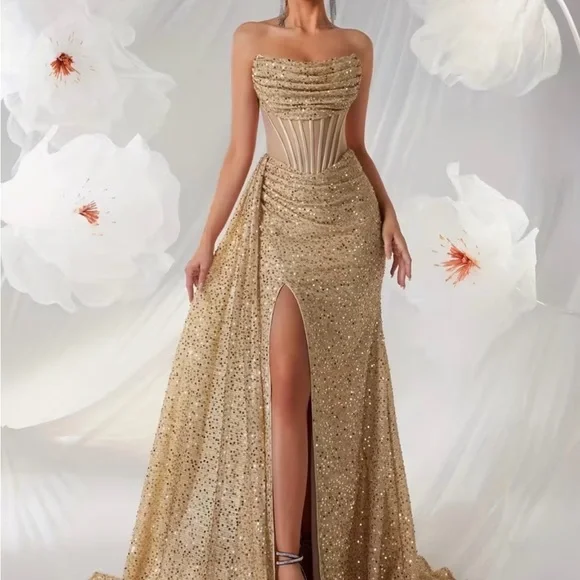 Elegant Gold Strapless Evening Gown - Picture 1 of 5